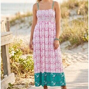 Pink Green Beachy Maxi Sundress One Size Sleeveless Nautical Coastal Anchors